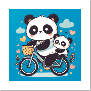 Pandas family riding on a bicycle Posters and Art